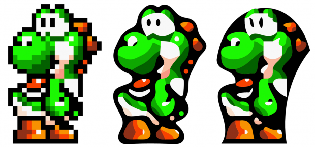 Depixelizing Pixel Art: Yoshi in 15 x 23 Pixeln (links), Vektordarstellung mit dem Algorithmus von Kopf und Lischinski (Mitte) und Adobe Live Trace (rechts)