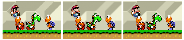 Depixelizing Pixel Art: Mario im Nearest-Neighbor-Verfahren (links), Vektordarstellung mit dem Algorithmus von Kopf und Lischinski (Mitte) und hq4x (rechts)