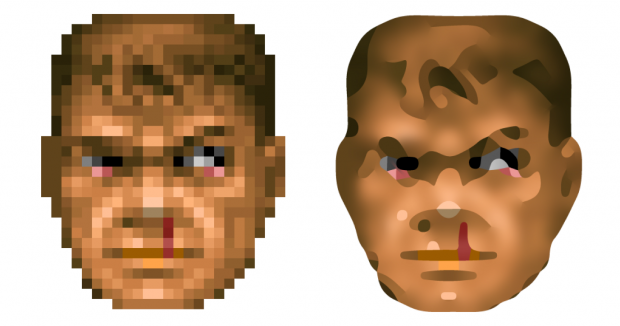 Depixelizing Pixel Art: Kopf aus Doom in 24 x 29 Pixeln mit Antialiasing (links). Die Vektordarstellung mit dem Algorithmus von Kopf und Lischinski (rechts) sieht nicht gut aus.