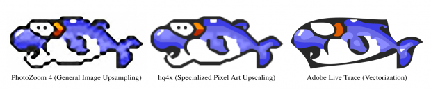 Vektorisierungsalgorithmen im Vergleich: Photo Zoom 4 (links),  hq4x (Mitte) und Adobe Live Trace (rechts)