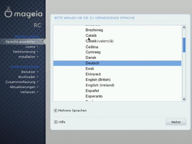 Die Sprachauswahl der Installation