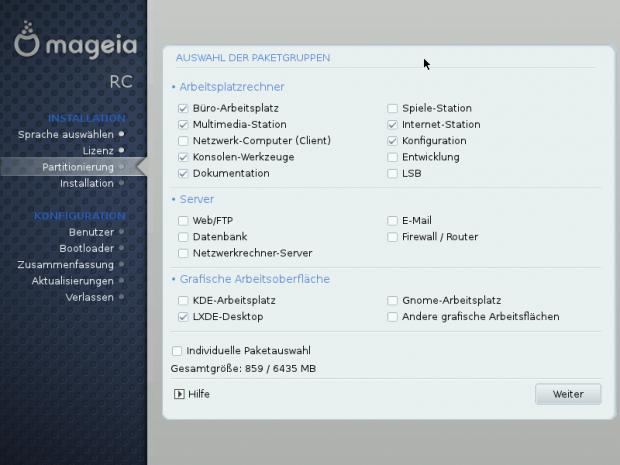 Die Paketauswahl bei der Installation
