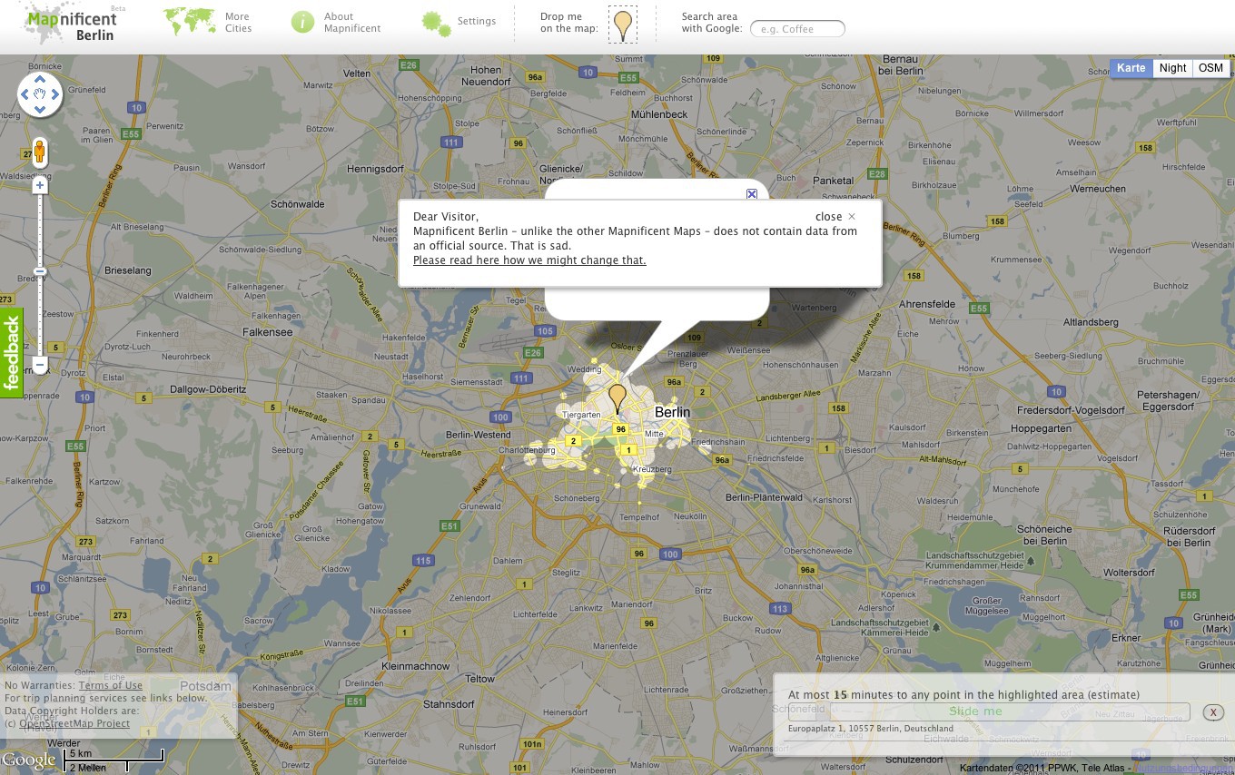 Mapnificent: Ausgerechnet die Heimatstadt des Entwicklers liefert noch keine Daten. (Bild: Golem.de)