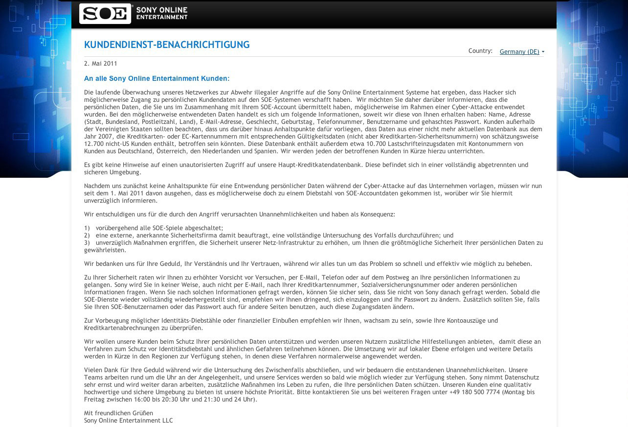 Sony Online Entertainment (SOE) informiert seine Kunden über den Hack und eine kompromittierte Datenbank.
