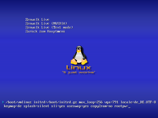 Um Administratorrechte zu erlangen, muss das Root-Passwort als Boot-Parameter übergeben werden.