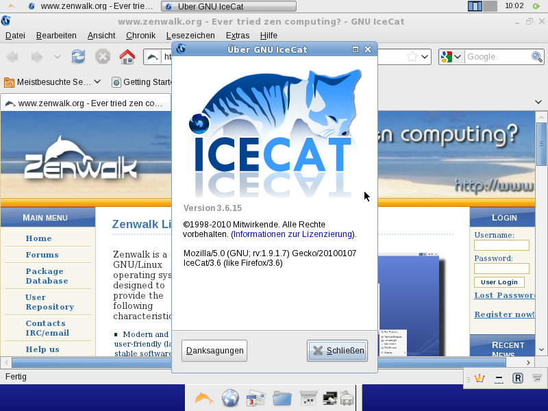 Der Browser IceCat 3.6.15 ist Standard.