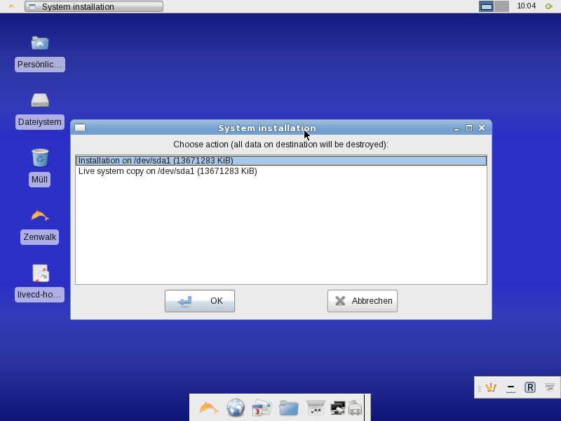 Der Installer unterscheidet ob das Live-System kopiert oder Zenwalk 7.0 installiert werden soll.