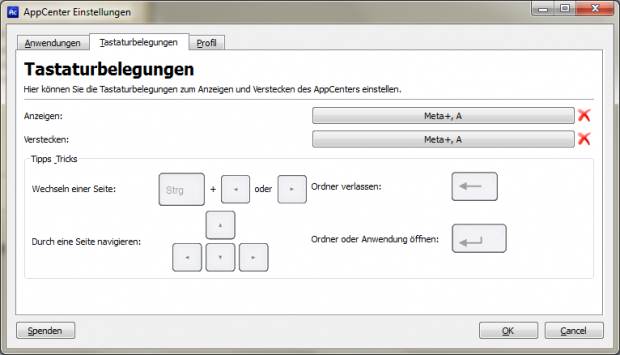 Appcenter - Einrichtung der Tastenk&uuml;rzel
