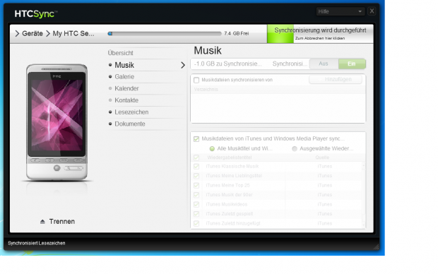 HTC-Sync importiert Musik aus iTunes samt Albumcover und Interpreten.
