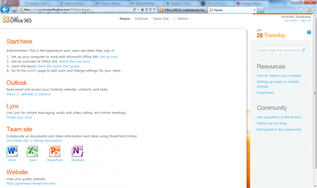 Startseite von Office 365