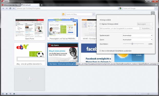 Opera 11.50 mit den Einstellungen für die Schnellwahlseite