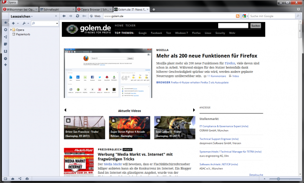 Opera 11.50 mit aufgeklappter Lesezeichenliste