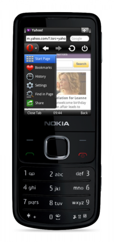 Opera Mini 6.1 mit aufgeklapptem Menü