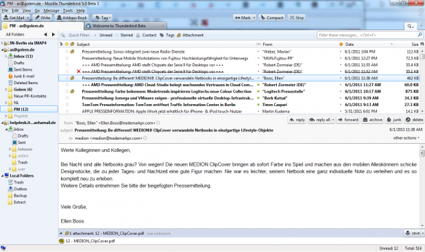Die Größenanzeige der Anhänge funktioniert via IMAP bei uns noch nicht.