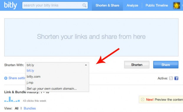 Bitly erlaubt nun die Auswahl der Default-Domain zur Linkverkürzung. (Bild: Bitly)