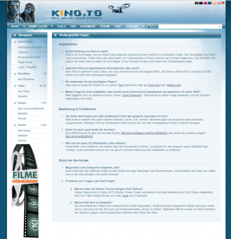 Die FAQ von Kino.to, inzwischen offline