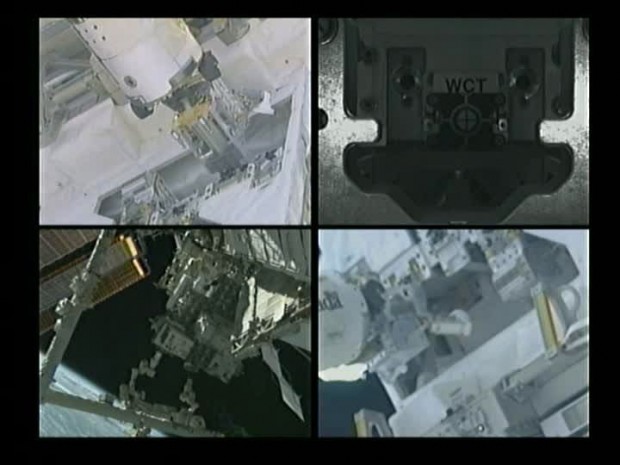 Mehrere Ansichte von Dextre, der ein Werkzeug zum Durchschneiden eines Drahtes aus dem RRM nimmt (im März 2012). (Bild: Nasa)
