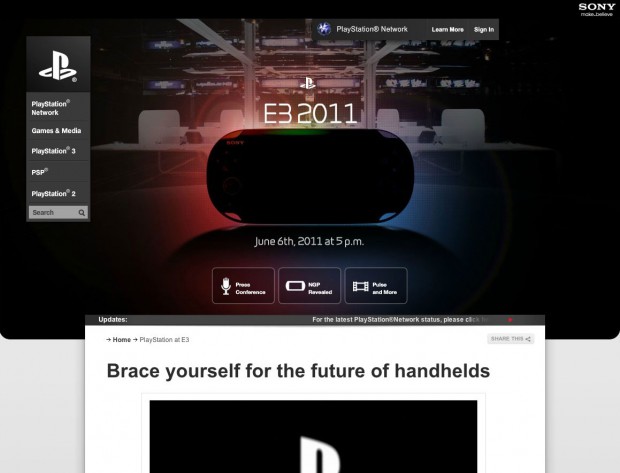 Sonys Playstation-Website zur E3 2011 kündigt die NGP-Präsentation an - und enthielt zeitweise im Quellcode den Hinweis auf PS Vita. (Bild: Golem.de)