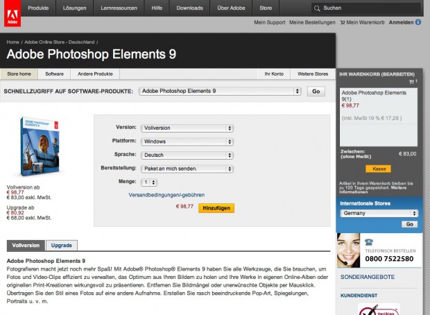 Adobe Photoshop Elements 9 im Adobe-Onlineshop (Bild: Adobe)