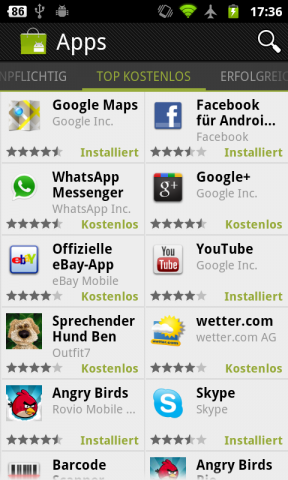 Android Market 3.0.26 - Rubrik mit beliebten kostenlosen Anwendungen
