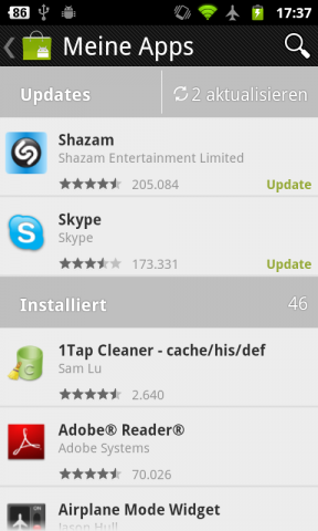 Android Market 3.0.26 - Bereich mit Programmupdates