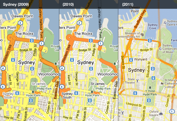 Google Maps: Veränderungen zwischen 2009 und 2011
