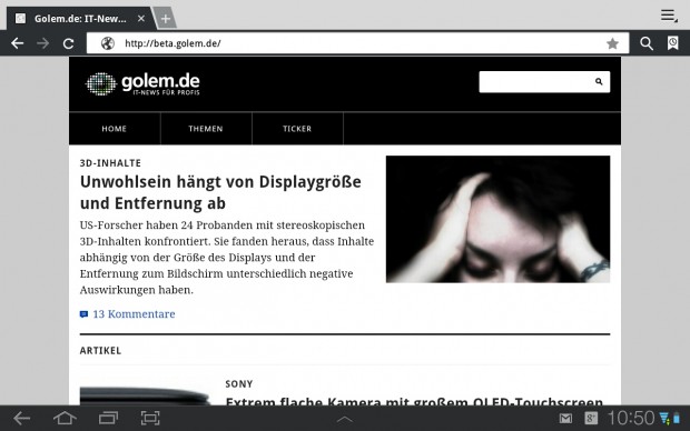 Mobile Version von Golem.de auf dem Samsung Galaxy Tab 10.1