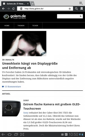 Homepage: mobile Version von Golem.de auf dem Samsung Galaxy Tab 10.1