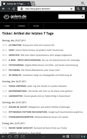 Ticker: mobile Version von Golem.de auf dem Samsung Galaxy Tab 10.1