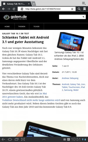 Mobile Version von Golem.de auf dem Samsung Galaxy Tab 10.1