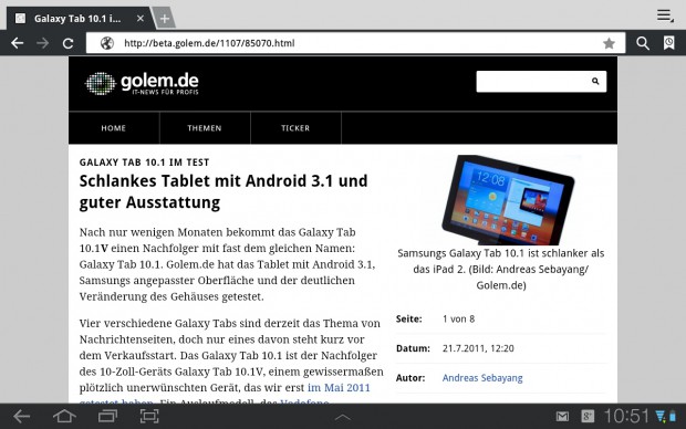 Artikelansicht: mobile Version von Golem.de auf dem Samsung Galaxy Tab 10.1