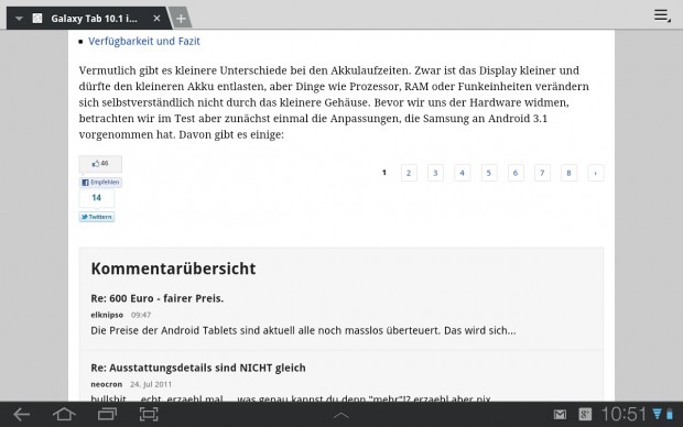 Artikelansicht: mobile Version von Golem.de auf dem Samsung Galaxy Tab 10.1