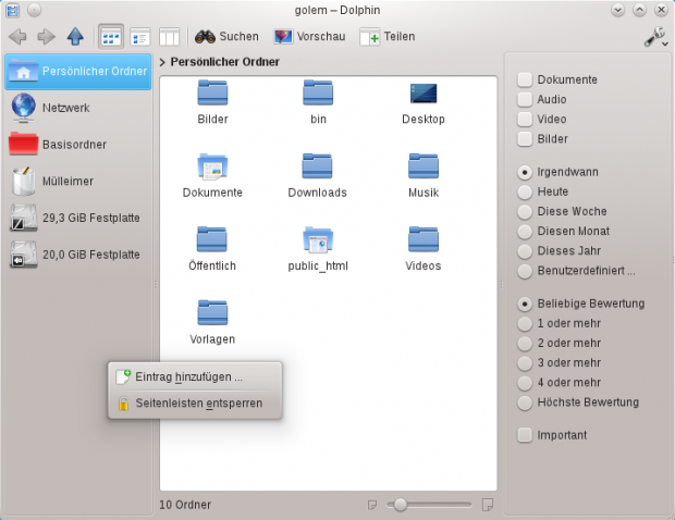 Die Seitenleisten im Dolphin sind gesperrt.