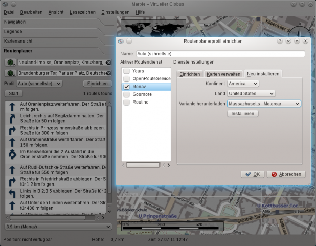Über ein Menü können Kartendaten für Monav heruntergeladen werden.