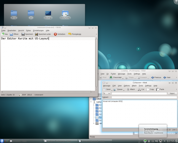 ...und Kmail 2 mit deutschem Tastaturlayout für Umlaute.