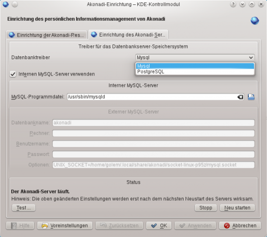 Akonadi kann mit den Datenbanken Mysql oder Postgresql benutzt werden.
