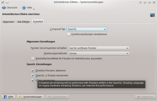 Der Windowmanager KWIN nutzt OpenGL 2 und OpenGL 2-ES für Effekte.