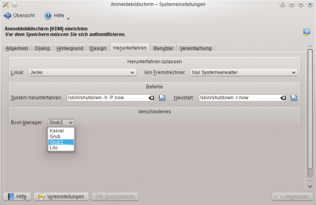 Der Loginmanager KDM unterstützt den Bootloader Grub 2, damit sind direkte Neustarts in ein anders Betriebssystem möglich.