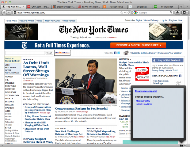 Snaporama: Klick auf das Kamera-Icon erstellt einen Snapshot der offenen Tabs.