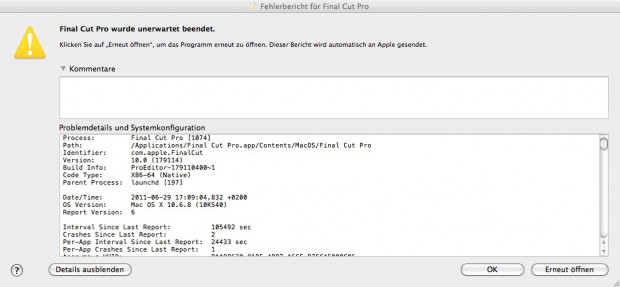 Acht Mal stürzt Final Cut Pro X auf unserem Macbook Pro ab.