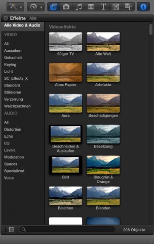 Die Übersicht für Effekte, Blenden, Titel und Audio