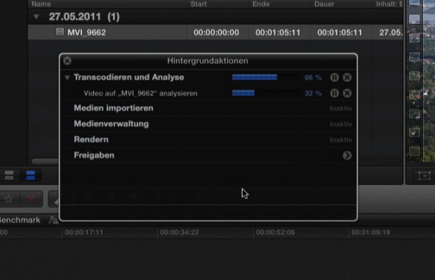 Ein Fenster zeigt an, was Final Cut Pro X im Hintergrund tut.