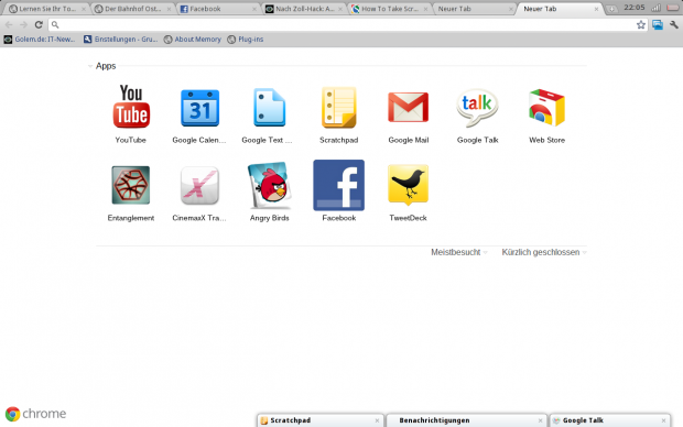 Scratchpad, Google Talk und Benachrichtigungen. Die kleinen Fenster verschwinden fast, wenn der Anwender nicht mit dem Mauscursor darüber liegt.