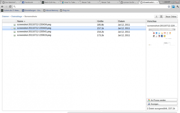 Etwas unhandliche Screenshotfunktion. Die Bilder müssen über Picasa erst einmal ins Netz hochgeladen werden.
