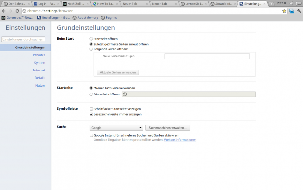 Grundeinstellungen finden in Tabs statt.