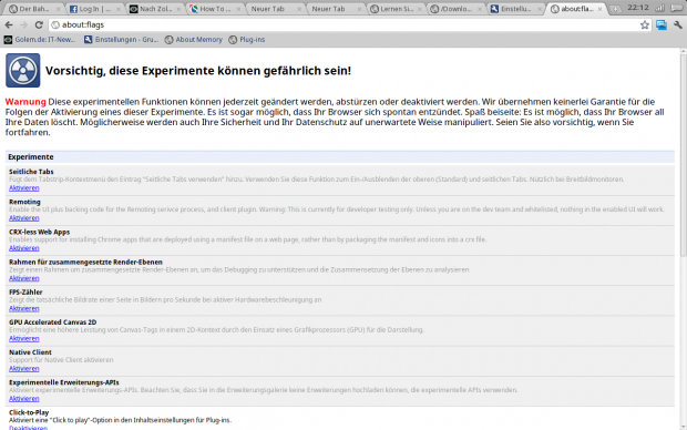 Experimentelle Flags lassen sich auch setzen.