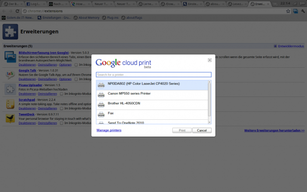Google Cloud Print übernimmt das Drucken. Hier spielt ein Windows-Rechner die Rolle eines Printservers.