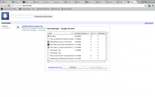 Einzelne Tabs werden im Taskmanager mit CPU- und Netzwerkbelastung aufgelistet. Das Fenster lässt sich nicht verschieben.