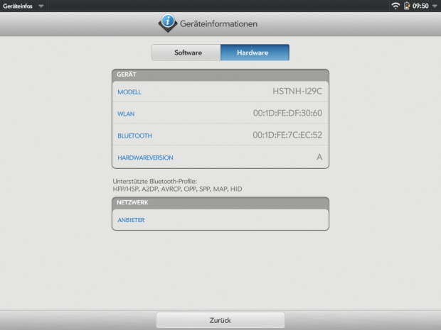 Das Touchpad kommuniziert per WLAN nach 802.11 b/g/n und Bluetooth mit der Außenwelt.