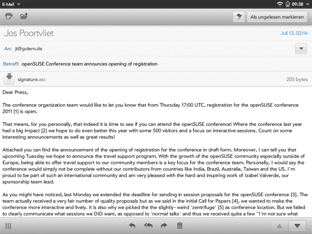 E-Mails können ganzseitig angezeigt werden ...